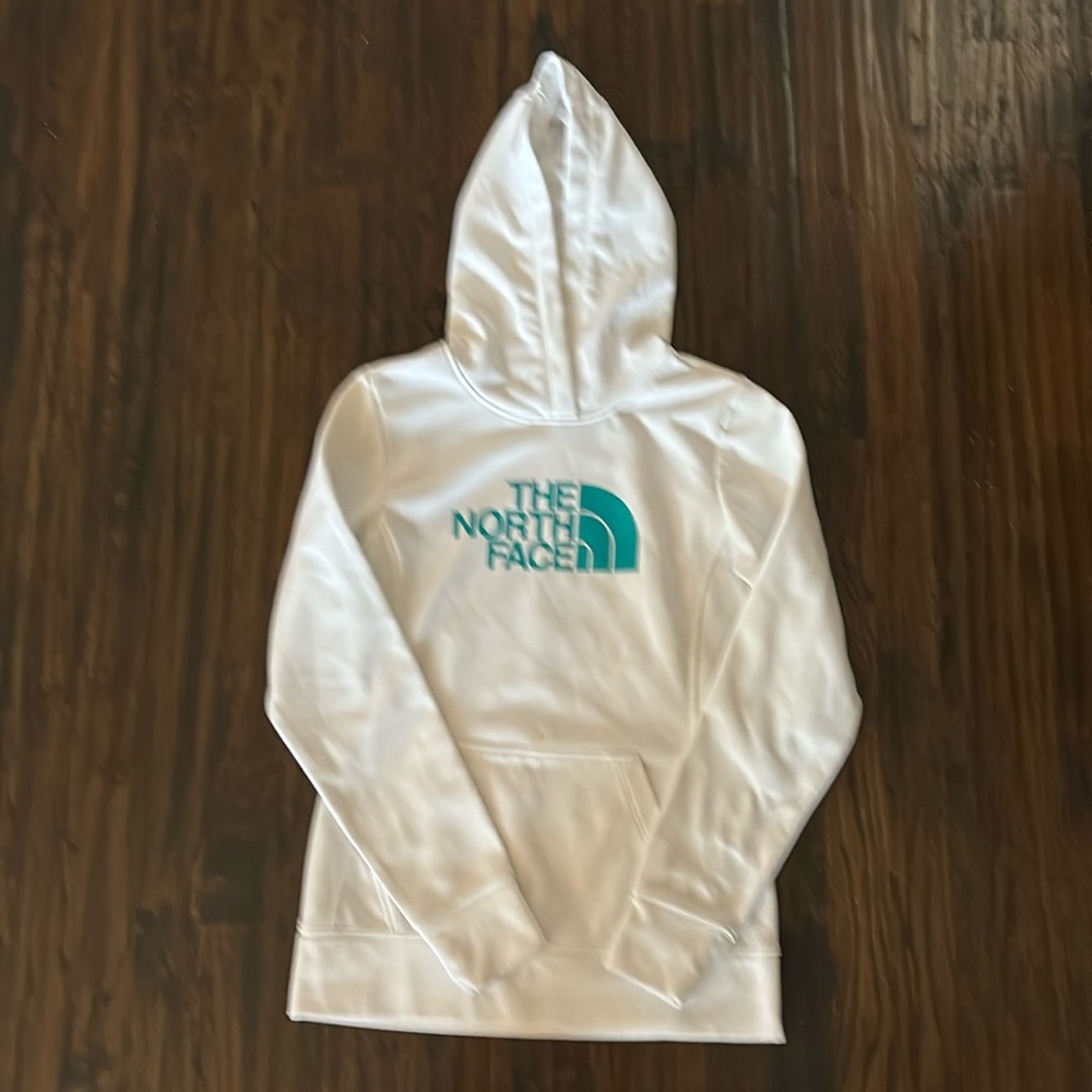 The North Face hoodie, size small regular, white with green logo